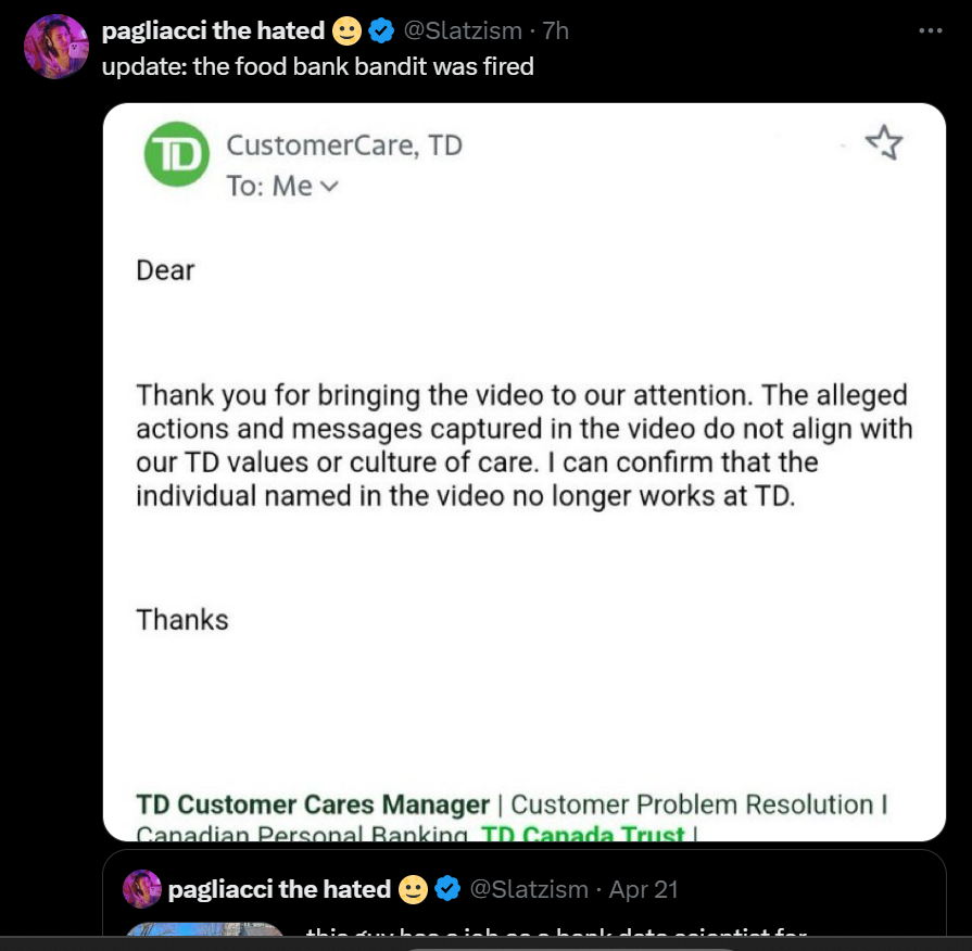 bitch got the poor guy fired.
i don't know what kind of visa he has, but high chances he gets deported if he's unable to find a job soon.
imagine getting your life ruined because you wanted to help other indian immigrants with groceries.