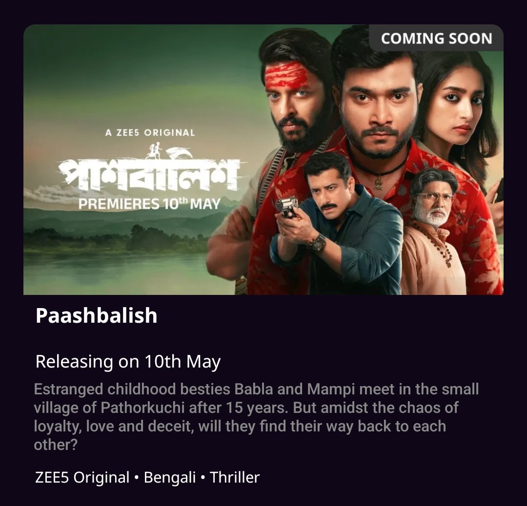 Bengali series #Paashbalish premieres May 10th on @ZEE5India.

#KorokMurmu #SuhotraMukhopadhyay #IshaSaha #RishiKaushik #SauravDas #SankarDebnath #Atmadeep @ZEE5Bangla