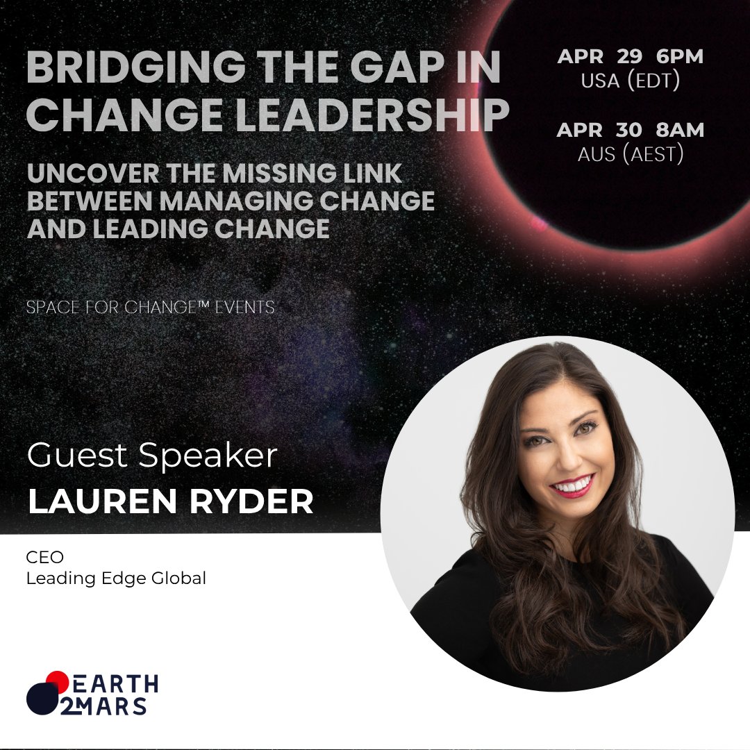 Have you heard of the frozen middle?
It's one of the key reasons why we see a disconnect between Change Management and Leaders.
Find out at next week's Space for Change™ webinar.

Register:
earth2mars.com.au/.../bridging-t…

#ChangeManagement #ChangeLeadership #spaceforchange #earth2mars
