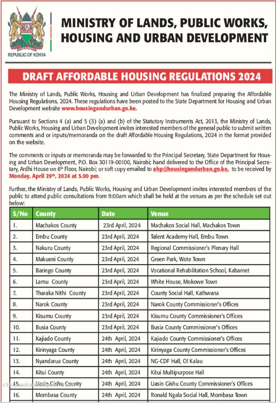 MzalendoWatch's tweet photo. .@Lands_Kenya invites interested members of the general public to submit written comments/inputs on the draft Affordable Housing Regulations, 2024.

Memoranda to be received by: April 29th, 2024 at 5pm.
#PublicParticipationKE.