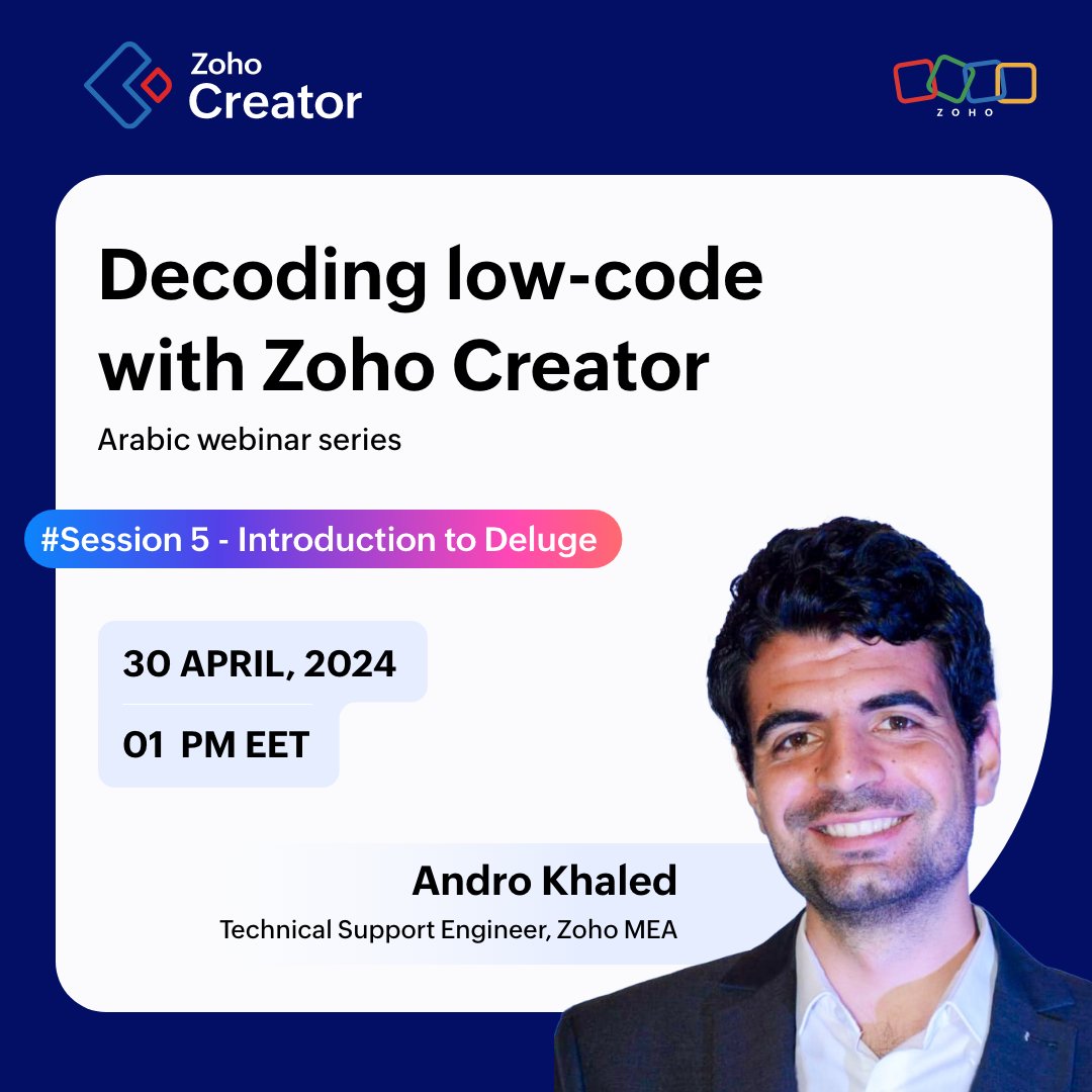 Struggling to streamline your workflow complexities? Join the upcoming session of our Arabic webinar series to learn Deluge, a user-friendly programming language with built-in functions categorized to make your work easier. Register here: zurl.co/YrbW @ZohoMENA