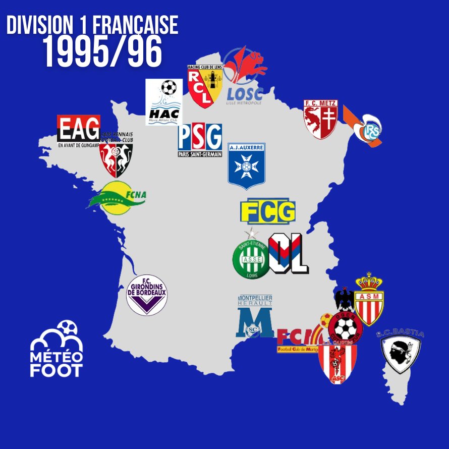 🔥 Il y a le FC Gueugnon, l'AS Cannes, l'AJ Auxerre qui finit champion, le logo de Metz..

..SI votre CLUB est PRÉSENT sur cette carte c'est qu'il ÉTAIT au départ de la saison 1995/96 de la DIVISION 1 FRANÇAISE !

⚡ Les lettres étaient si IMPORTANTES dans les logos !

✍️ Qui…