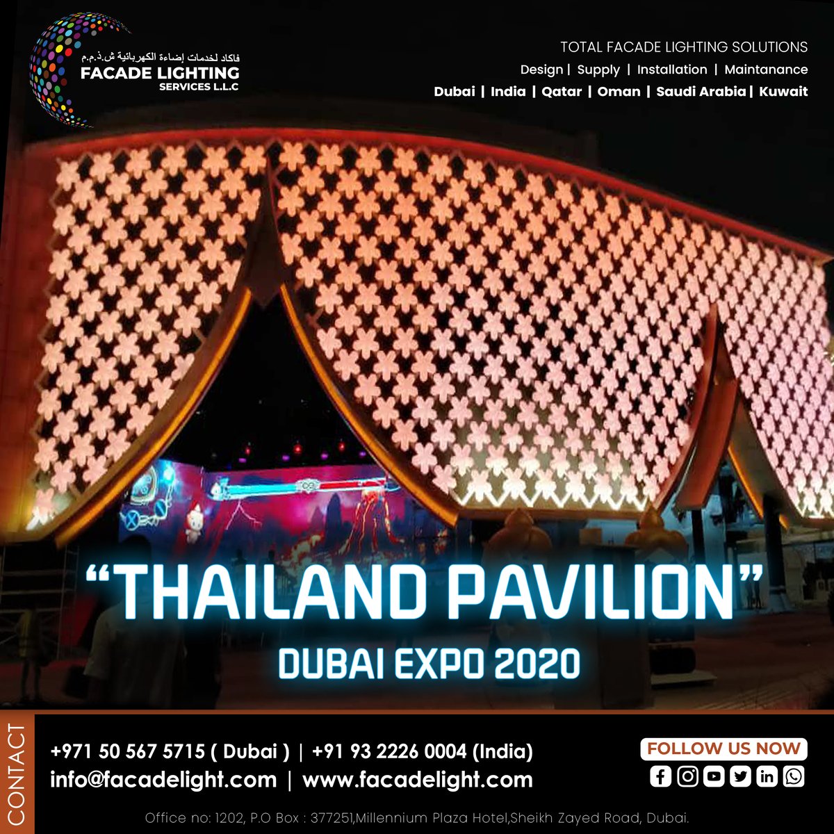 ✨ Lighting up the Thailand Pavilion at Expo 2020 Dubai! ✨

We are thrilled to showcase our #facadelighting for the Thailand Pavilion at Expo 2020 Dubai. 

#facadelighting #facadelightingservice #thailandpavilionexpo2020dubai #thailandpavilionexpo2020 #dubai #india #uae #qatar