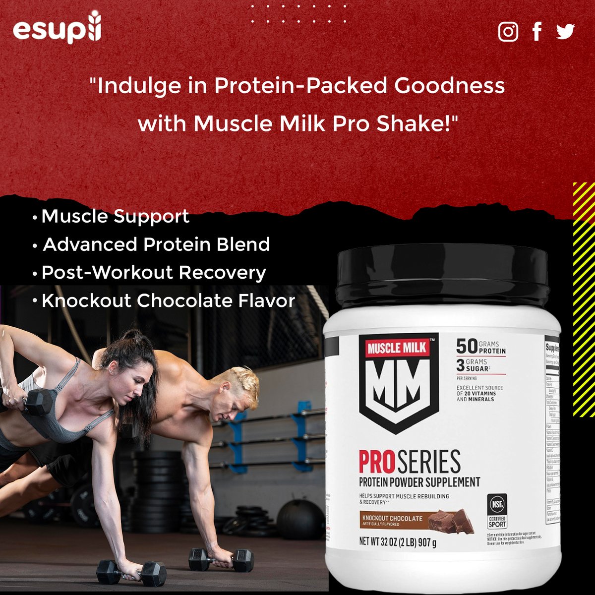 'Fuel your workouts with Muscle Milk Pro Series Protein Powder in Knockout Chocolate! NSF Certified for Sport!'

Buy Now - esupli.com/products/muscl…

#esupli #musclefood #ProSeries #proteinpowder #musclemilk #proshake #Supplements #musclehealth #postworkout