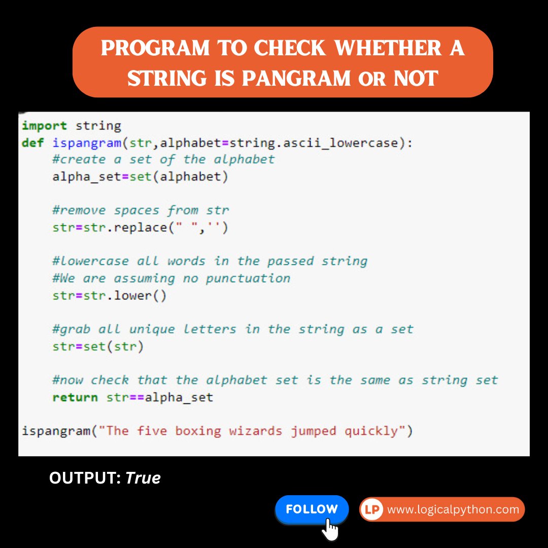 👉PANGRAM STRING CHECKING PROGRAM
.
NOTE IT!!!!!👍🔖

#Python #Programming #Coding #pythonprogramming #100daysofcodepython