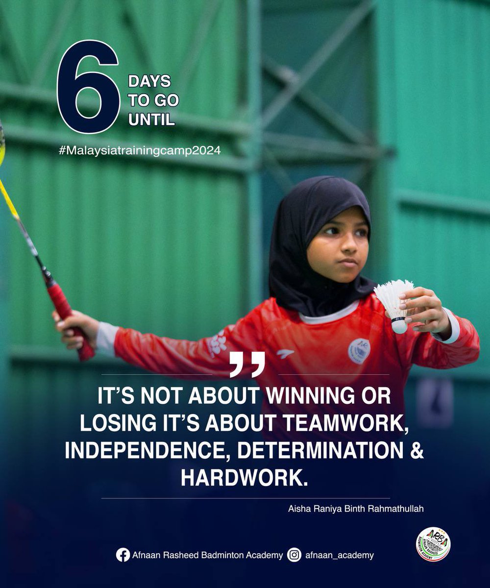 6 days to go until #malaysiatrainingcamp2024🙌

#afnaanacademy #TeamMaldives #unbeatabletogether💪🏸

@VaguthuOnline