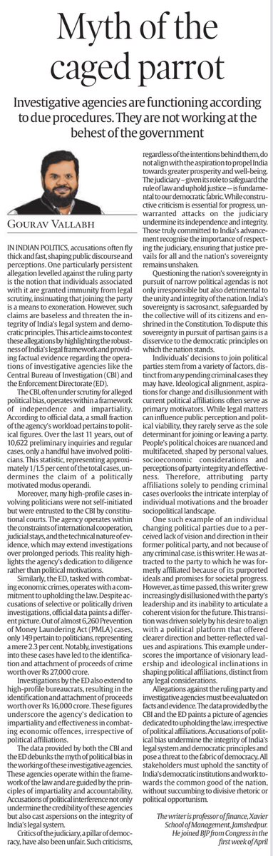 Good Morning. My OpEd on “Myth of the caged parrot” published in today’s @IndianExpress In this writeup tried to highlight the robustness of India's legal framework and provided factual evidence regarding the operations of CBI and ED. Happy Reading.