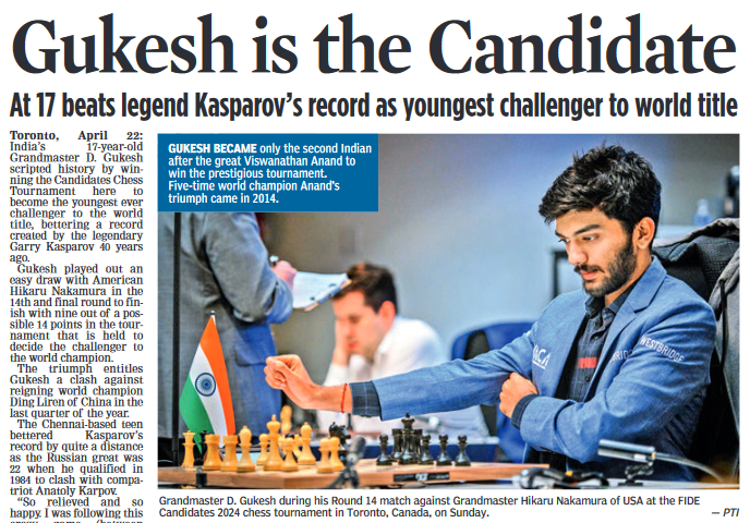 Grandmaster D Gukesh, at 17, is the youngest ever to challenge for the world chess title. His victory in the Candidates Chess Tournament breaks a 40-year record set by Garry Kasparov.

#Chess #DGukesh #WorldTitleChallenger