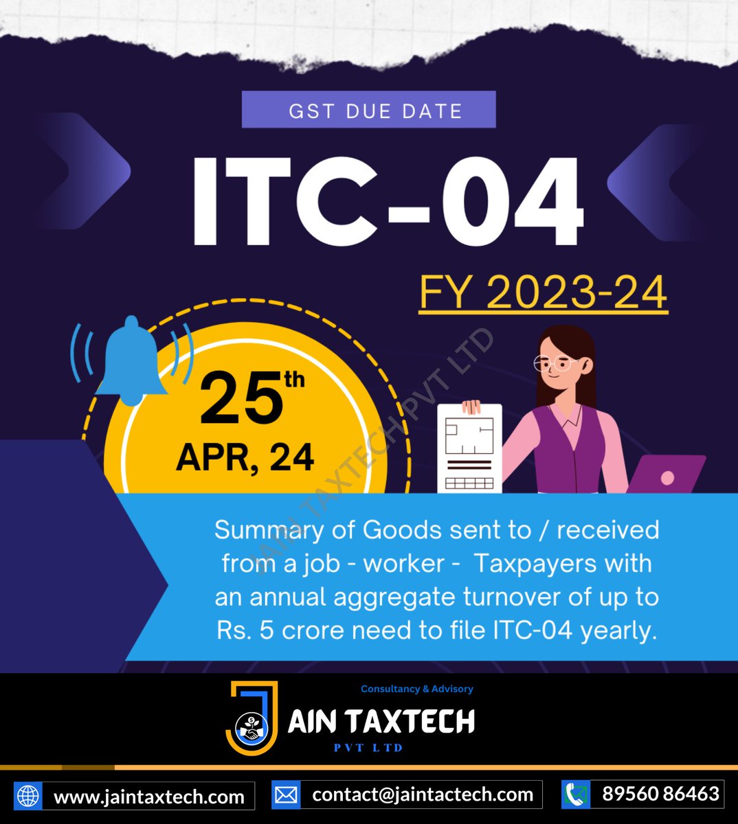 📦 Attention taxpayers! 📊 File your ITC-04 for the summary of goods sent to or received from a job-worker. Taxpayers with an annual turnover of up to Rs. 5 crore need to file ITC-04 yearly.💼📝 #ITC04 #JobWorker #TaxCompliance #JainTaxTech #AccountingServices #CAConsultancy