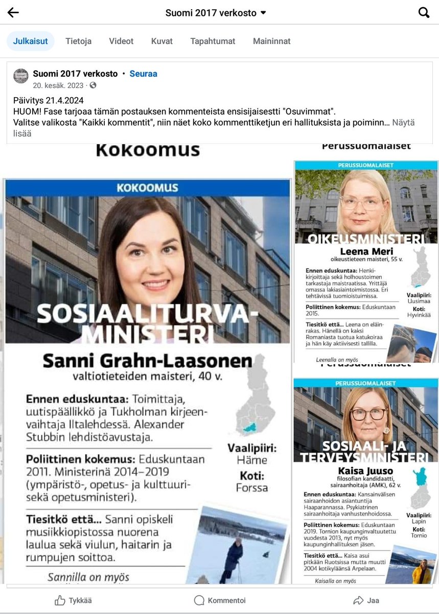 Vakuutuslääkäreistä ja vakuutusoikeudesta; hallitusohjelmia 2023-2003 tarkastelemalla.
⬇️⬇️
Suomi 2017 verkoston artikkeli facessa
⬇️⬇️
facebook.com/share/p/xkcwYD…
⬆️⬆️
#valta #sosiaalivakuutus 
#oikeusvaltioperiaatteet #sosiaaliturva
#työtapaturma #ammattitauti #vakuutuslääketiede