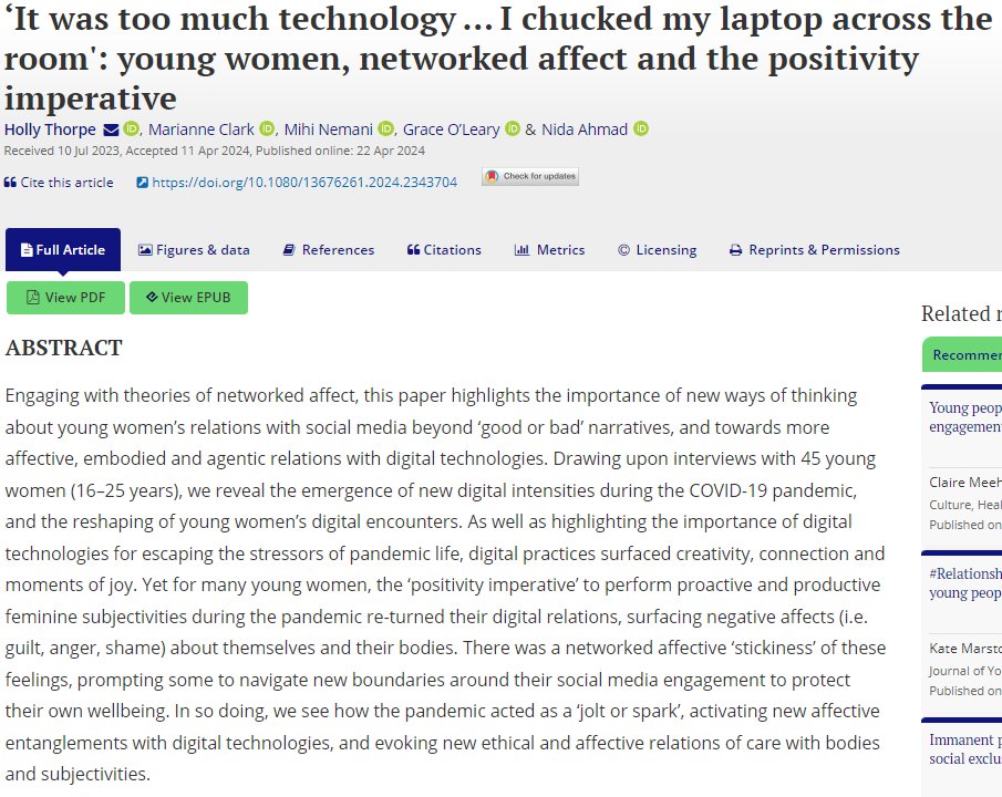 NEW ARTICLE ALERT! Holly Thorpe, Marianne Clark, Mihi Nemani, Grace O’Leary & Nida Ahmad: ‘It was too much technology … I chucked my laptop across the room': young women, networked affect and the positivity imperative tandfonline.com/doi/full/10.10…