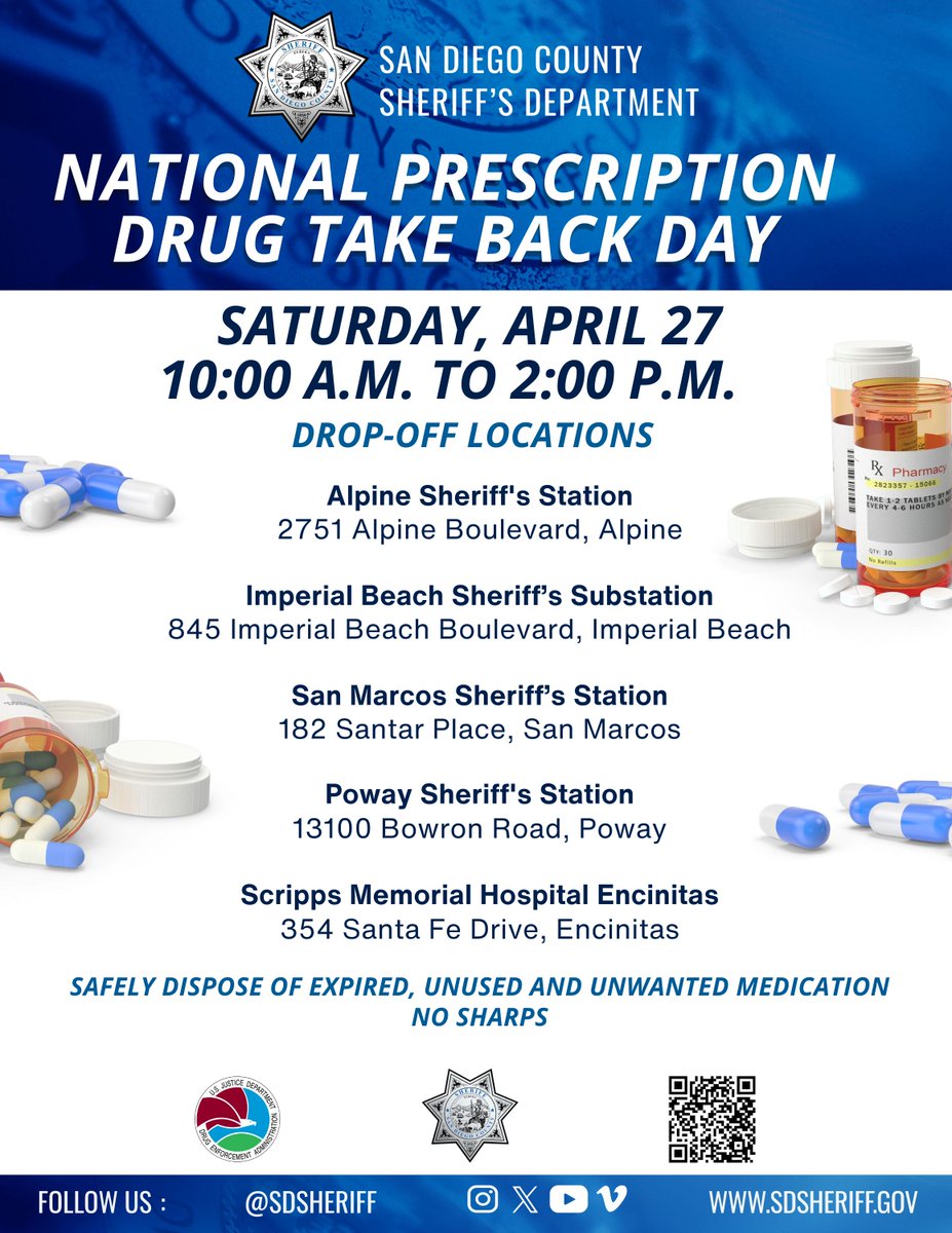 Join us on Saturday, April 27 for @DEAHQ @DEASANDIEGODiv #TakeBackDay. Drop off your unwanted prescription drugs at @SDSOAlpine @SDSOPoway @SDSOSanMarcos, Imperial Beach Sheriff's Substation and Scripps Memorial Hospital Encinitas from 10 a.m. to 2 p.m. For more information,…