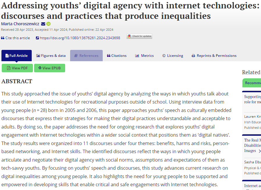 NEW ARTICLE ALERT! Marta Choroszewicz Addressing youths’ digital agency with internet technologies: discourses and practices that produce inequalities tandfonline.com/doi/full/10.10…