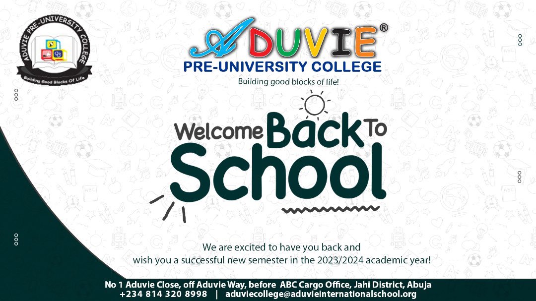 Happy resumption and Welcome back to school. 🎒📚 
#NewBeginnings #aduviepreuniversitycollege
 #BackToSchool #NewBeginnings   #bestschoolsinabuja  #childcenteredschool
#Globalmindedschool #schoolabuja #abujacommunity