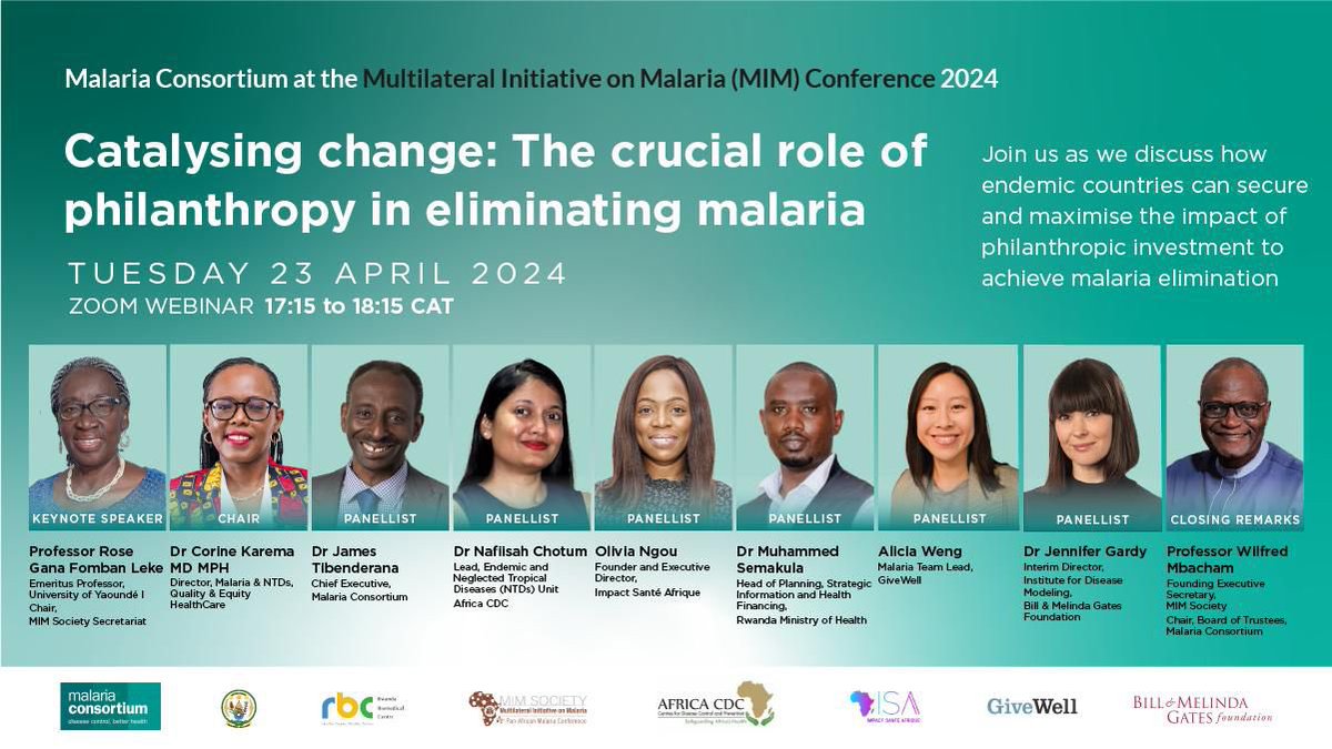 Join us today 23 Apr 2024 from 17:15 as we host, in partnership with Malaria Consortium, this exciting webinar on the role of philanthropy in eliminating #malaria in Africa, on the sidelines of the 8th Pan-African Malaria Conference. us02web.zoom.us/j/85673305912?… Passcode: 720221