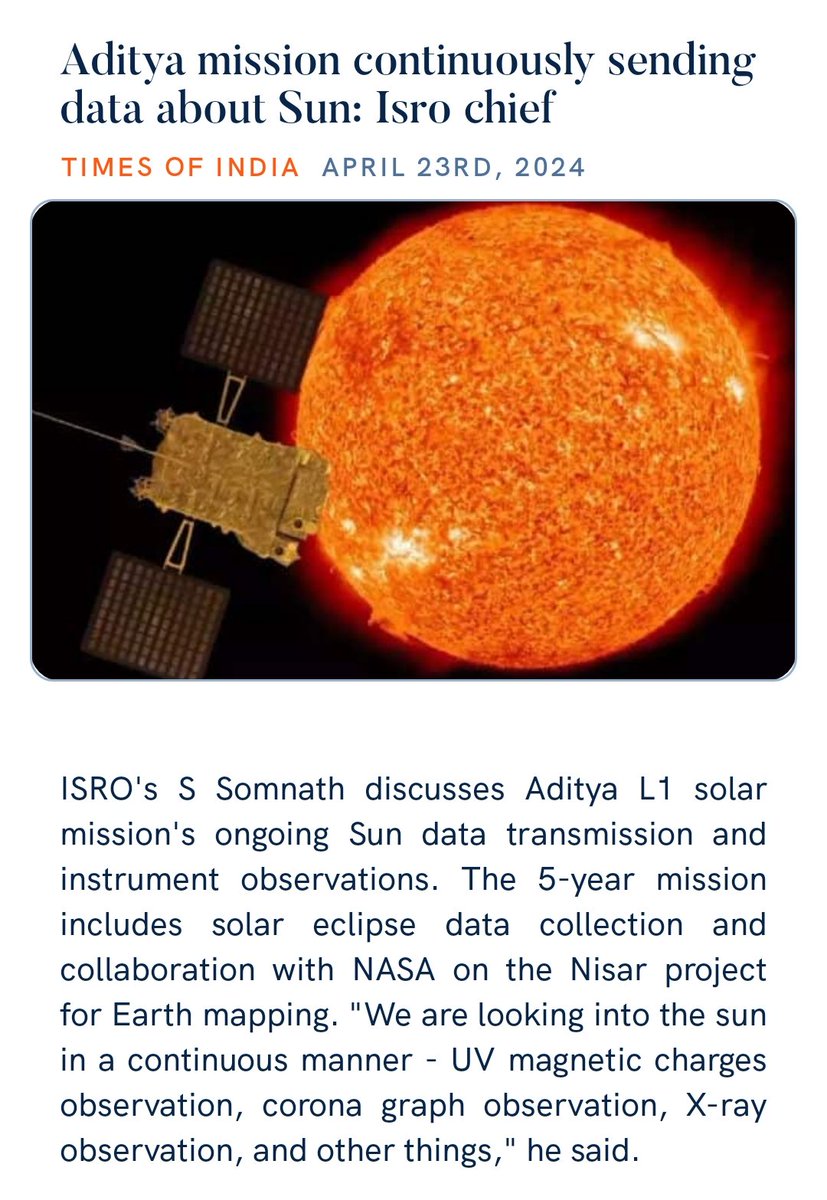 Aditya mission continuously sending data about Sun: Isro chief timesofindia.indiatimes.com/india/aditya-m… via NaMo App