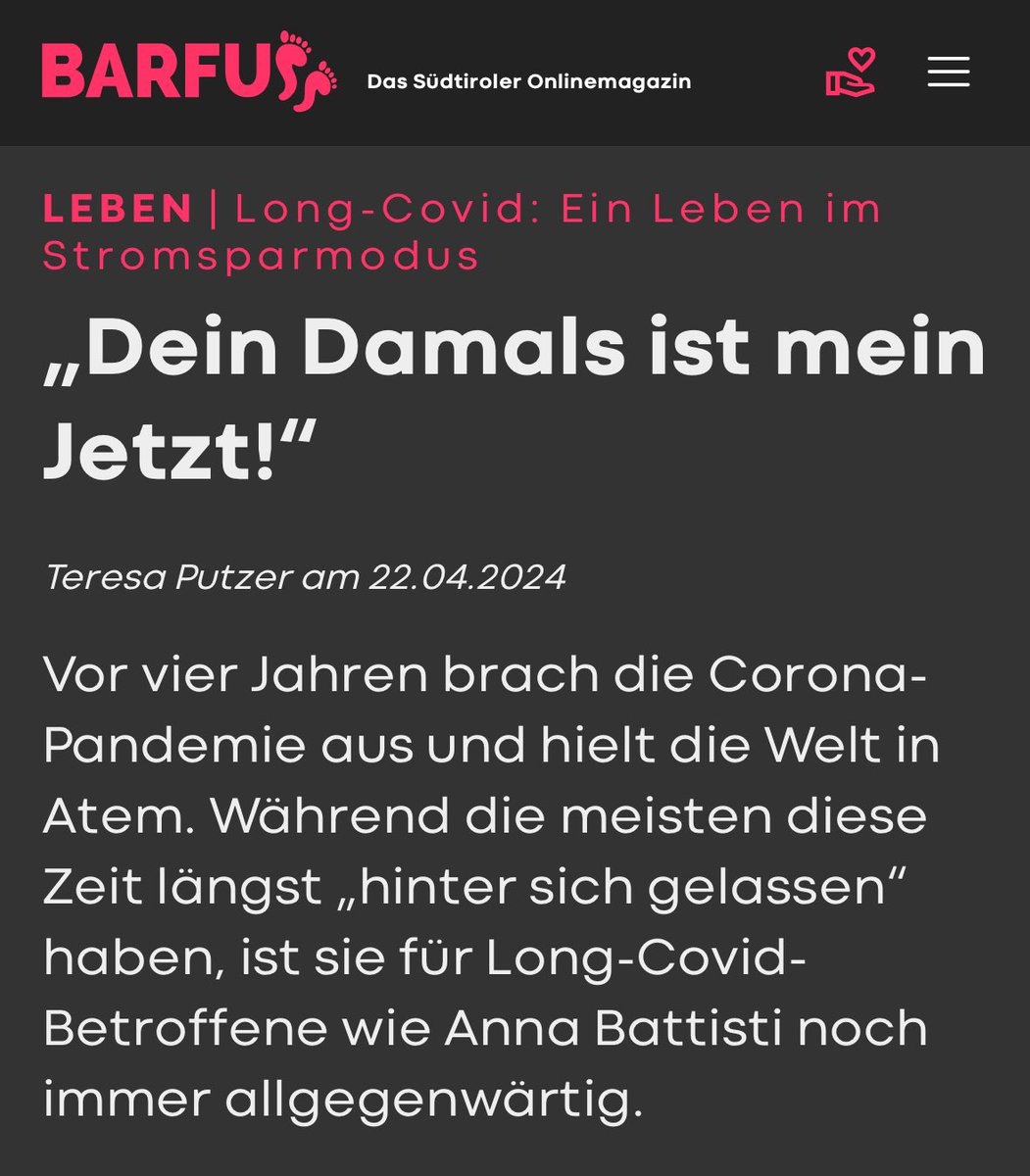 “Ich wünsche mir Offenheit. Ich akzeptiere, dass jede:r eine eigene Realität mit Covid hat, daher sollte auch jeder akzeptieren, dass meine Realität mit einer ernsthaften Erkrankung einhergeht.“ #LongCovid barfuss.it/leben/dein-dam…