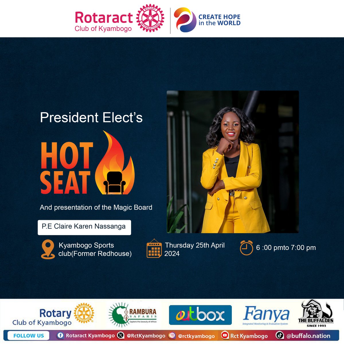 Greetings partners in service, 

Join us this Thursday 25th April as we have Magical President's Hot Seat and unveiling of the Magical Board at Kyambogo Sports Club starting at 6pm. Don't miss this!!!
#buffalonation 
#MwekummeInsta24