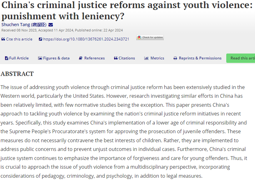 NEW ARTICLE ALERT! Shuchen Tang: China's criminal justice reforms against youth violence: punishment with leniency? tandfonline.com/doi/abs/10.108…