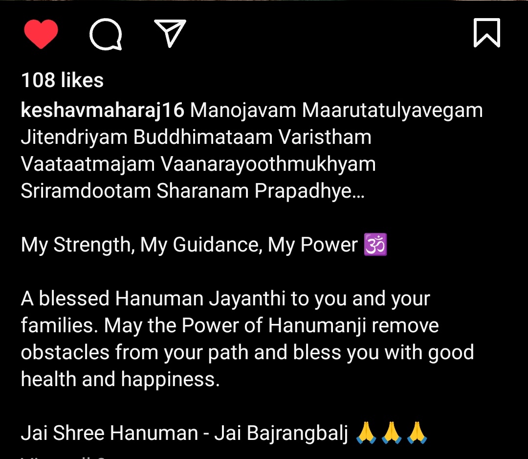 Keshav Maharaj wishing a blessed Hanuman Jayanthi. 🙏❤️