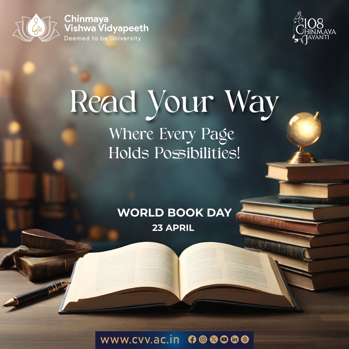 Chinmaya_VV's tweet image. Happy World Book and Copyright Day! &quot;Read Your Way to Be a Better You&quot; is our chosen theme this year to highlight the joy and freedom of choice in reading. Reading is not just for entertainment, it&apos;s also a way to grow and learn. #CVV #Happybookday