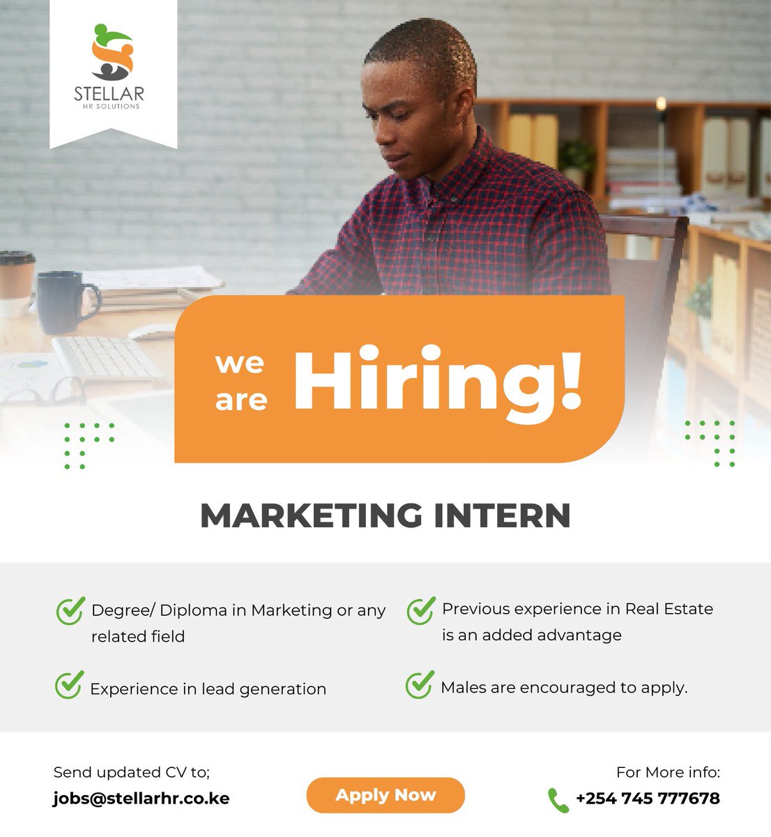 #wearehiring

Our client in the real estate industry is seeking to acquire a Marketing intern. 

You can apply via ;

Jobs@stellarhr.co.ke

#ikokazike #JobOpportunity