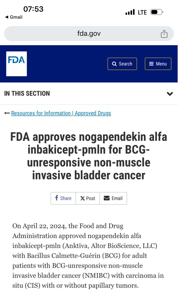 @US_FDA approved Anktiva (nogapendekin alfa inbakicept-pmln) for BCG-unresponsive non-muscle invasive bladder cancer with impressive results. In a clinical trial, 62% of patients achieved a complete response, with 58% maintaining this response for at least 12 months and 40% for…