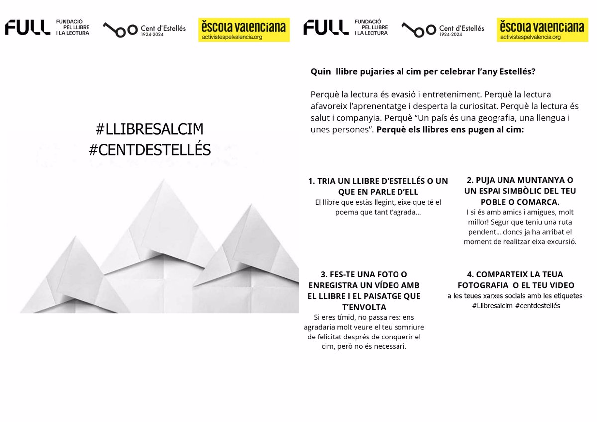 escolatv's tweet photo. Celebrem el #DiaDelLlibre amb la campanya #LlibresAlCim, per tal de celebrar #CentDEstellés amb @FundacioFull. Quina lectura del poeta t'hi acompanya hui?
#SantJordi2024 https://t.co/VNXiWVrEDg