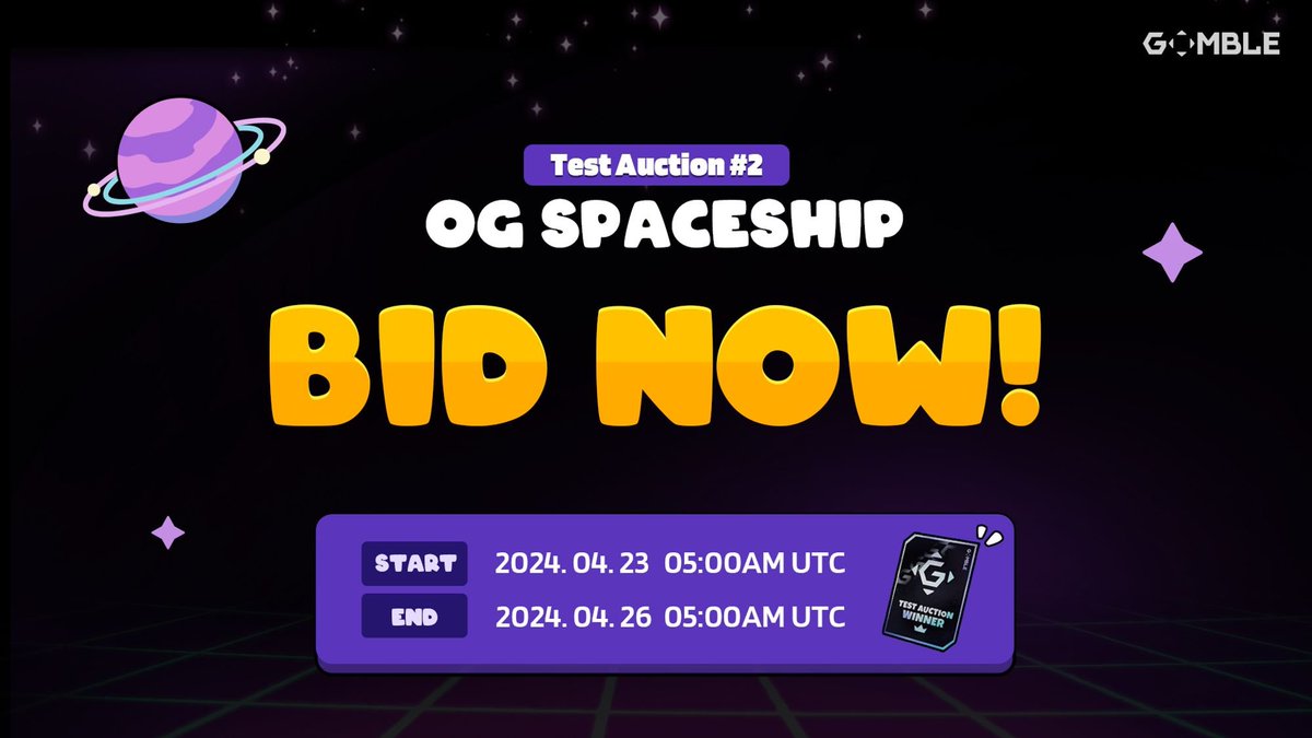 Test Auction #2 is now LIVE! Win at Bid and grab the Test Auction Winner Badge! There are badges based on Bid count too, so join Bid right away! 📅2024.04.23 05:00AM UTC ~ 2024.04.26 05:00AM UTC Bid Now! 👉🏻 auction.gomble.io