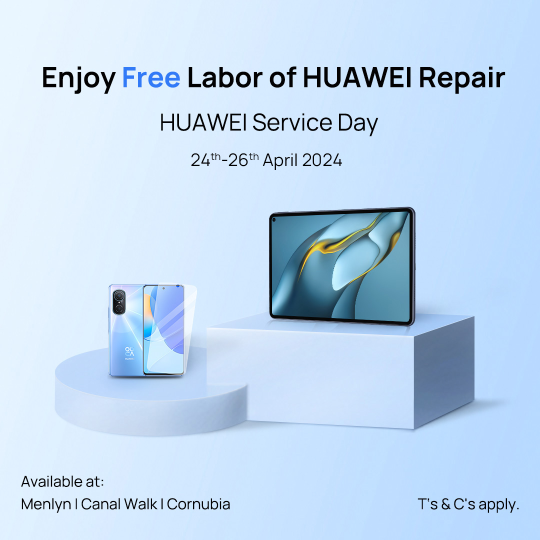 Get your device back in top shape without breaking the bank! 🛠️💼 Stop by Menlyn, Canal Walk, or Cornubia for discounted rates and free labor on repairs. T's & C's Apply Applicable to participating models - bit.ly/3Hx8IRA #HUAWEIServiceDay
