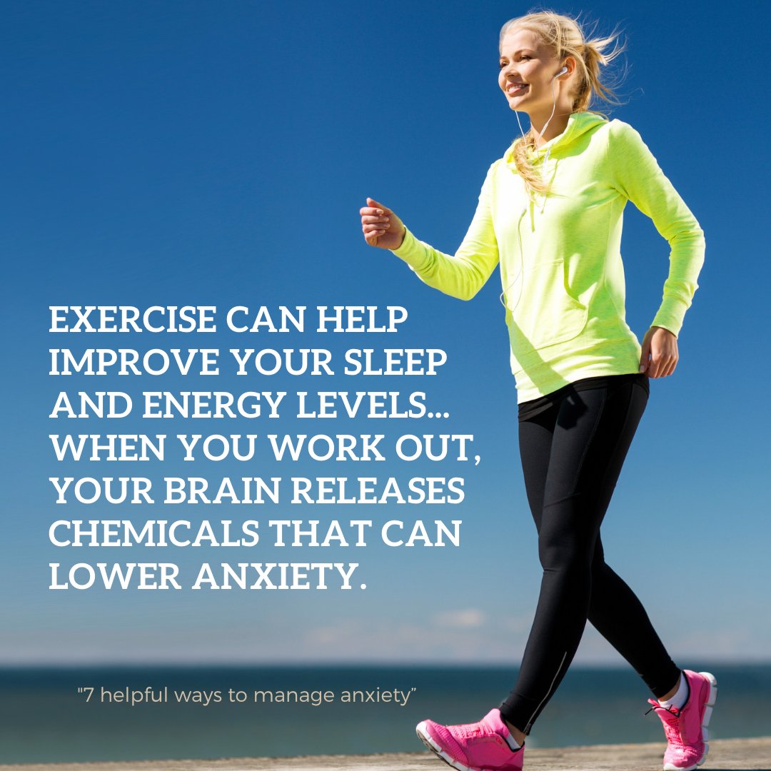 RachelintheOC's tweet photo. "Exercise can help improve your sleep and energy levels... When you work out, your brain releases chemicals that can lower anxiety."

~ "7 helpful ways to manage anxiety"

#SelfCare #MentalHealth #Anxiety https://t.co/GVDMmPoLUL