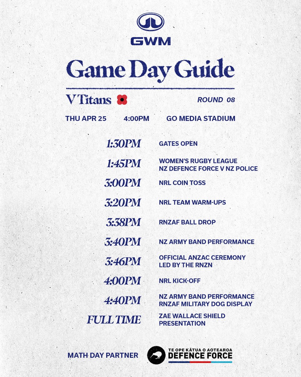 Your Anzac Day at Go Media Stadium GWM NZ || game day guide. More: bit.ly/3QetKsN