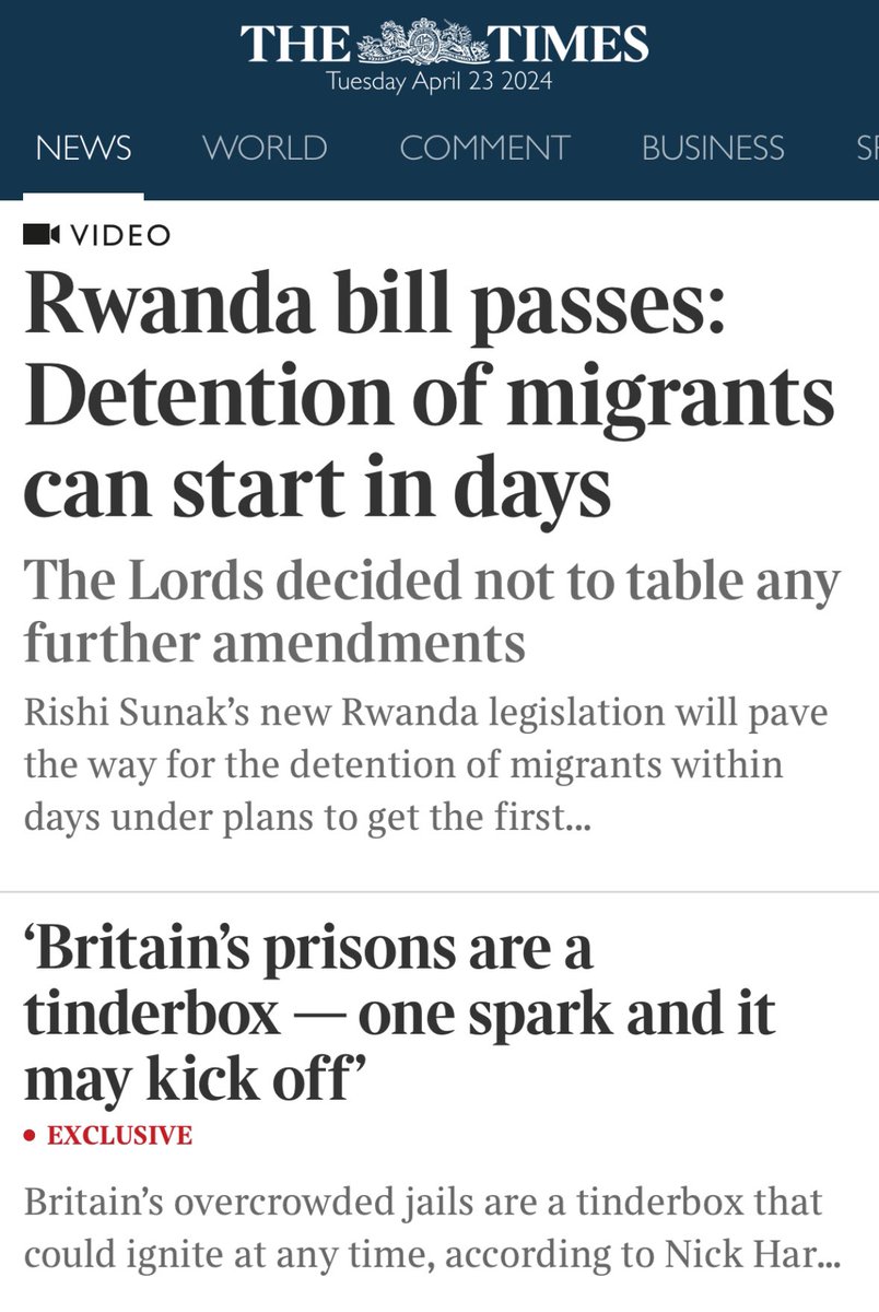 The Tories in two headlines: gestural racism against asylum seekers; peril in the criminal justice system. Rwanda is not safe and nor are our prisons ... and passing a law that breaks the law won't make any difference #ToriesOut