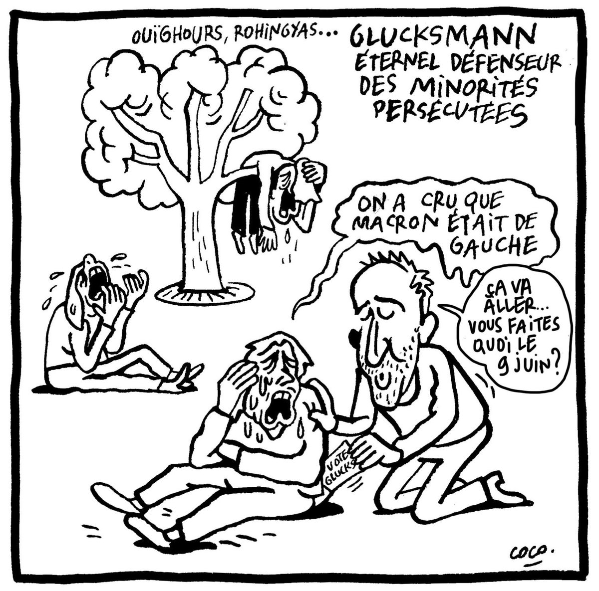 Ouïghours, Rohingyas... Glucksmann éternel défendeur des minorités persécutées. ✍️ Le dessin du jour par @Cocoboer :