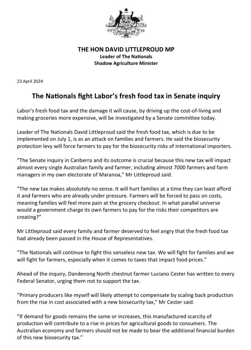 Labor’s new fresh food tax makes no sense and will impact almost every single Australian family and farmer.