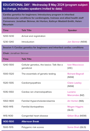 A highlight of #ICCG24 is always the education day, led by @JonSkin81264180 @DrKathrynWadde1 @heartfulpaeds @HelenMountain3 SUPER STARS @ivanmacciocca @rdbagnall @Gillian_M_Blue et al will cover cardiac genetics basics & disease areas 🧬🌟❤️ Register: iccgconference.com/program/wednes…