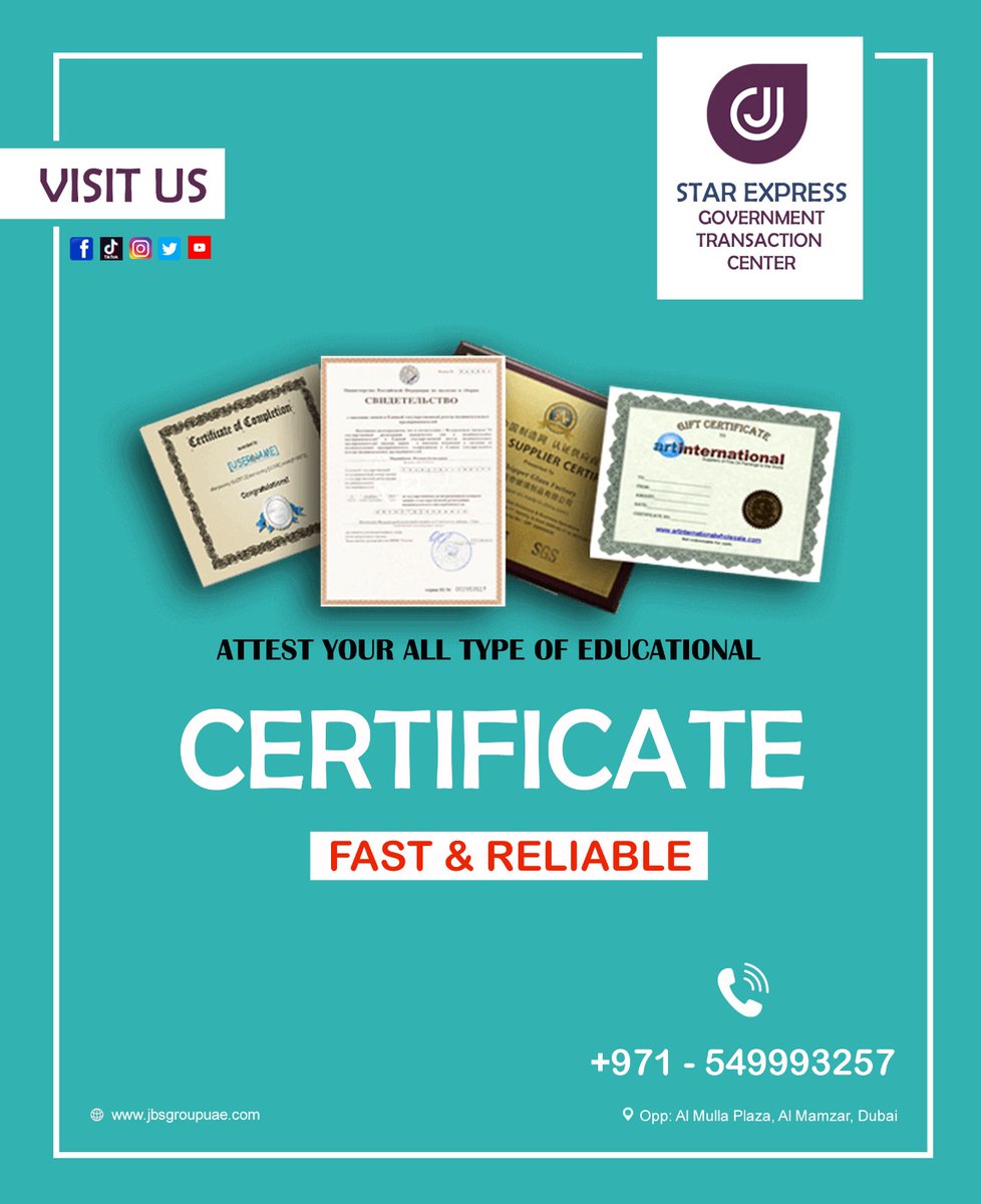 ✅️ Attest Certificate ✅️
📞 Contact information :
      Call Us
     +971-43453434
     +971- 549993257
#starexpressgovernmenttransactioncenter #attestation #attestationservices  
 #businessconsulting #governmentservices #government #services #dubai #renewal #visaservices