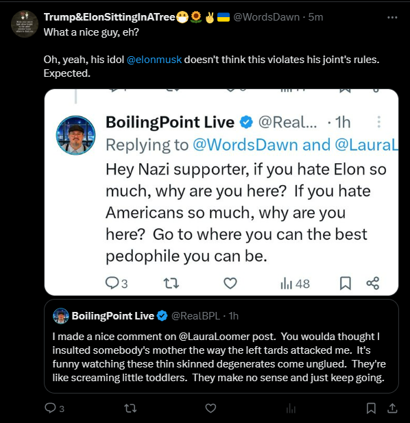 Another sissy baby got upset because I responded in kind to it's cry baby lashing out at me. All because me saying something nice to @LauraLoomer somehow hurt it's feelings and it had to have a melt down. Poor feller needs a hug I guess.