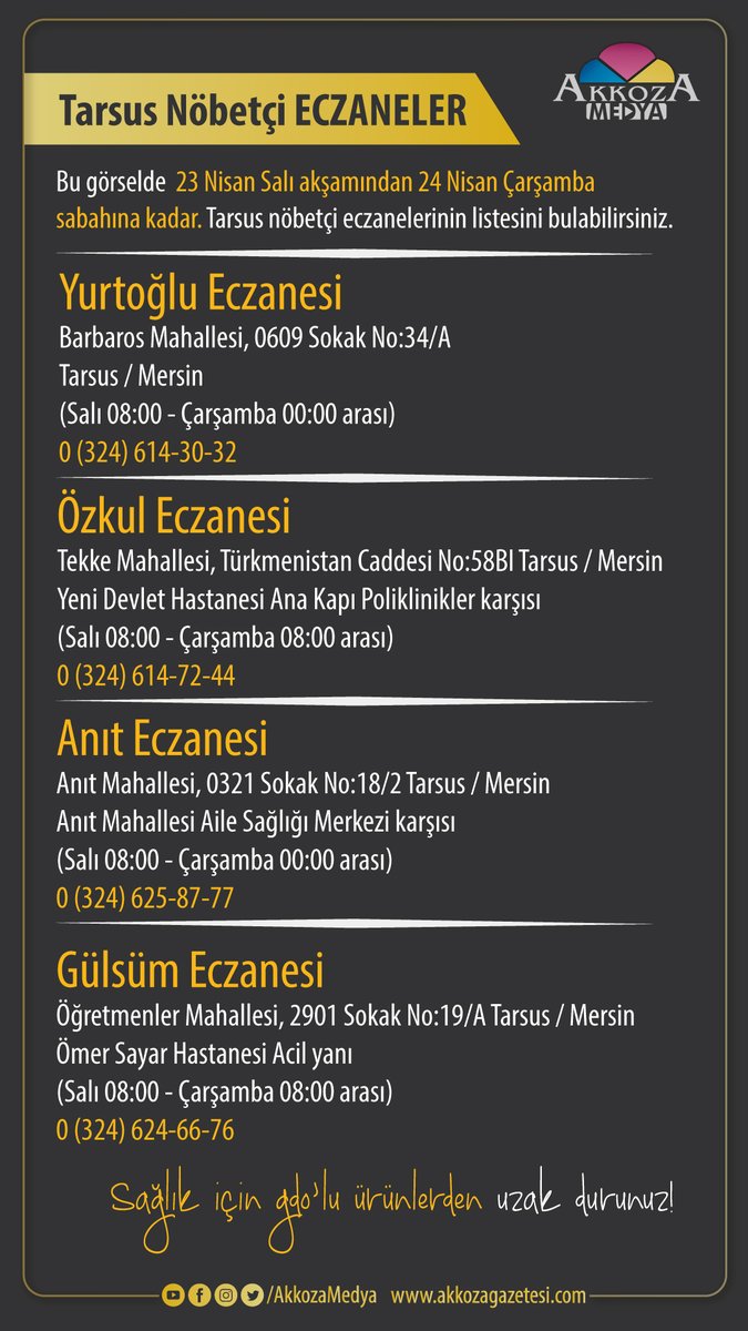 23.04.2024 Akkoza Gazetesi, Akkoza Medya Mersin/ Tarsus Nöbetçi Eczaneler #eczaneler #Nöbetçi #Tarsus #Akkoza #akkozamedya