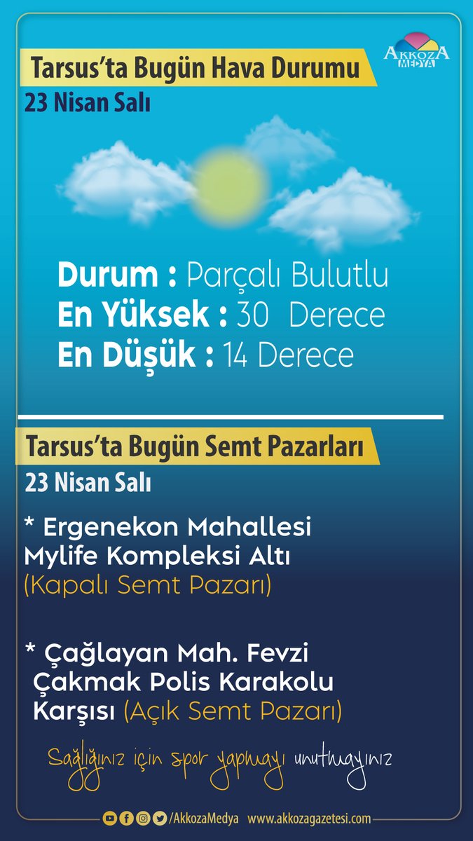 23.04.2024 Akkoza Gazetesi, Akkoza Medya Mersin/ Tarsus Hava Durumu/Semt Pazarı #eczaneler #Nöbetçi #Tarsus #Akkoza #akkozamedya