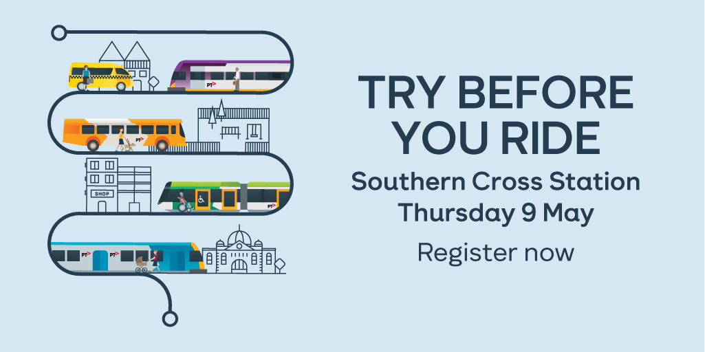 Learn about accessibility access and areas on trains, trams, buses, & taxis. Join us at Southern Cross Station, Thurs, 9 May for a Try Before You Ride event anytime from 10am. The event concludes at 2pm. Register for free at …yBeforeYouRideEvent.eventbrite.com.au.