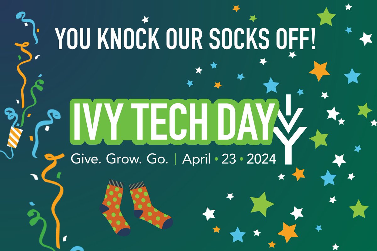IvyTechCC's tweet photo. Knock our socks off with your generosity! The first 100 donors who give $100 or more on #IvyTechDay will receive Ivy Tech branded socks. Hurry over to https://t.co/h382vgqHl9 and #Give2Ivy! 🧦 💚 ❇️ https://t.co/FK2bMMyizC