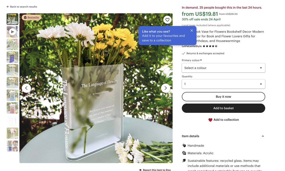 I'm deleting this soon because its legit a formula to PRINT CASH.

SELL FLOWER VASES ON ETSY.

They go for $20+ and charge $6 shipping.

25 sold in last day from this ONE listing and this store has 10 listings the exact same.

I'd expect them to be doing around 3-5k revenue per