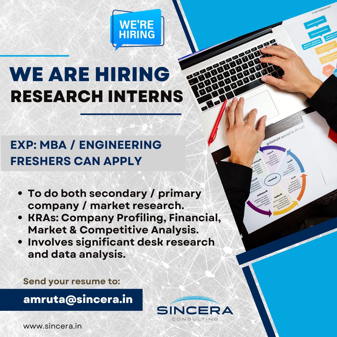We are hiring interns who can do both secondary/primary company/market research.

Email resumes to amruta@sincera.in

#Interns #Internship #InternJobs #MarketResearch #CompanyResearch #ResearchInterns #ResearchInternship #ResearchJobs #NowHiring #Jobs #MarketingJobs #Careers