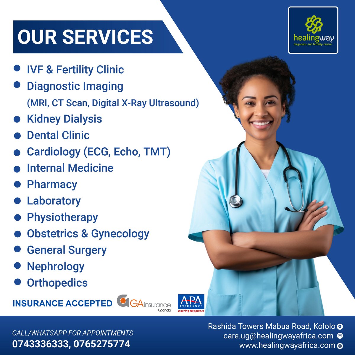 We are committed to guaranteeing that you receive the medical care you require, exactly when you need it, by offering a comprehensive array of services tailored to meet your specific healthcare needs.
#Healingway #MedicalImaging #IVF #MRI #Dialysis #Kololo