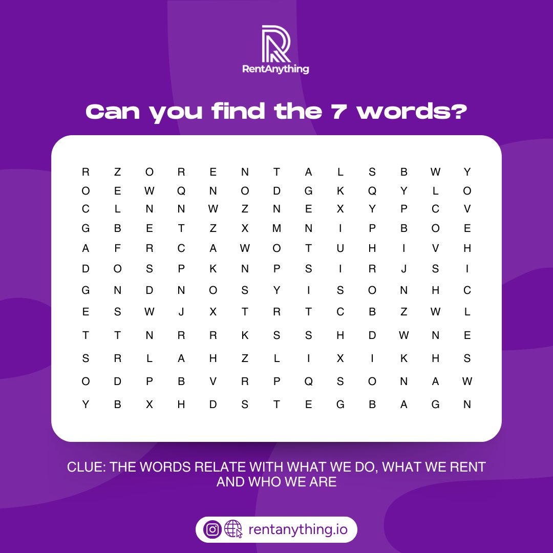 Can you find the 7 words🤭
Drop the words you find in the comment section. 

#puzzlelover #puzzletime #puzzleaddict #puzzlegames #puzzlefun #rentalproperties #rentanything #rentalsolutions #goinuponatuesday #tuesdaygame #lagosnigeria🇳🇬