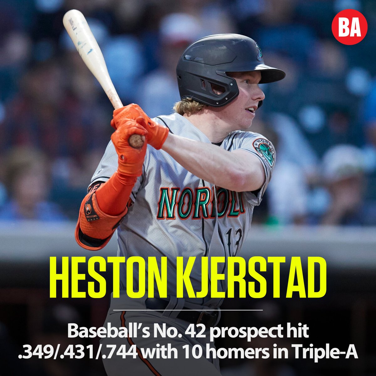 Heston Kjerstad is coming. The Orioles plan to recall Kjerstad from Triple-A Norfolk today, per @jcalvinmeyer He ranks No. 42 in our Top 100.