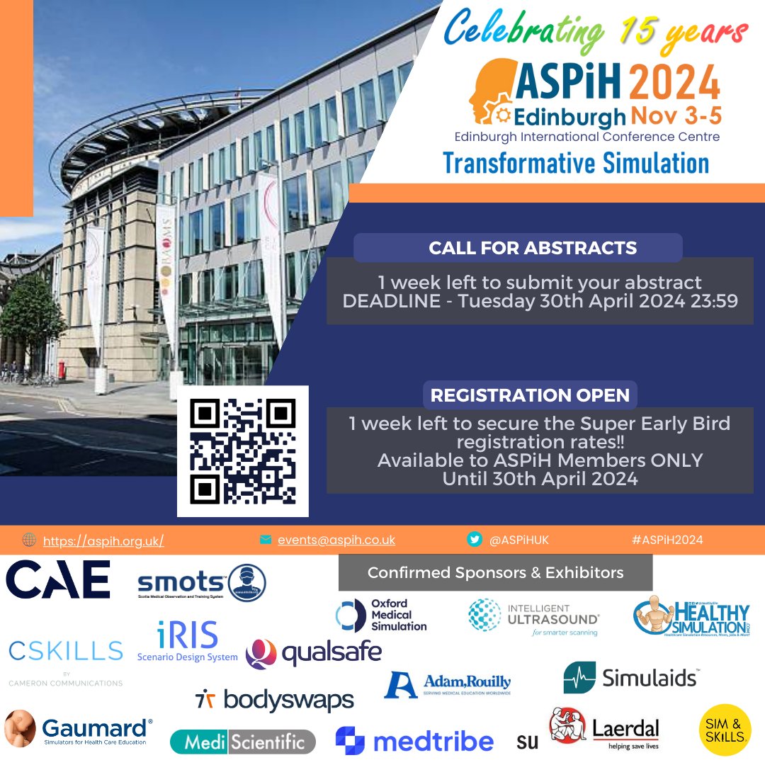 📢Just 1 week left to submit your abstract for ASPiH Conference 2024 and to secure our Super Early Bird Registration rates! #aspih #aspihconference #simulationconference