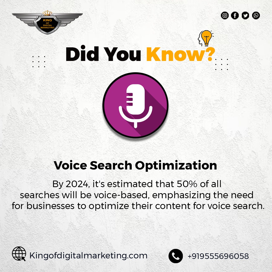 'Voice search is the future! 🗣️ By 2024, it's predicted to dominate 50% of all searches. Are you ready? 
Contact us- 9821918208
kingofdigitalmarketing.com

#VoiceSearch #VoiceSEO #SearchEvolution #VoiceSearchOptimization #DigitalFuture #SEOStrategy #VoiceTechnology