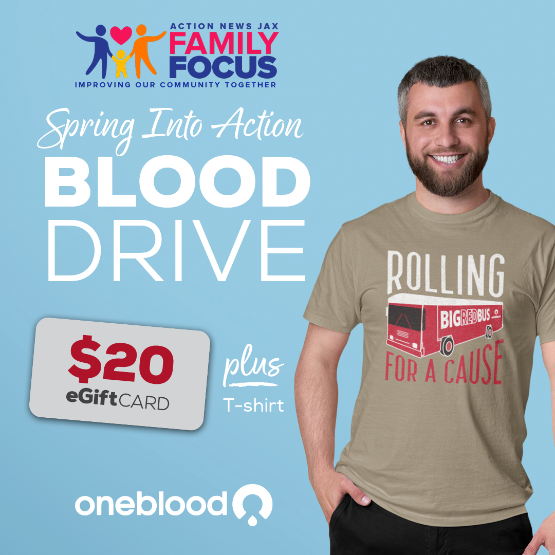 [𝗠𝗮𝘆 𝟲-𝟭𝟬] Spring Into Action with OneBlood and @ActionNewsJax Family Focus! ❤️ Donate blood on the #BigRedBus near you and get a Free $20 eGift Card & Big Red Bus T-shirt: givelife.io/s57l

@Publix @FirstFloridaCU @FirstCoastYMCA @BeaverChevrolet @beavertoyotafl